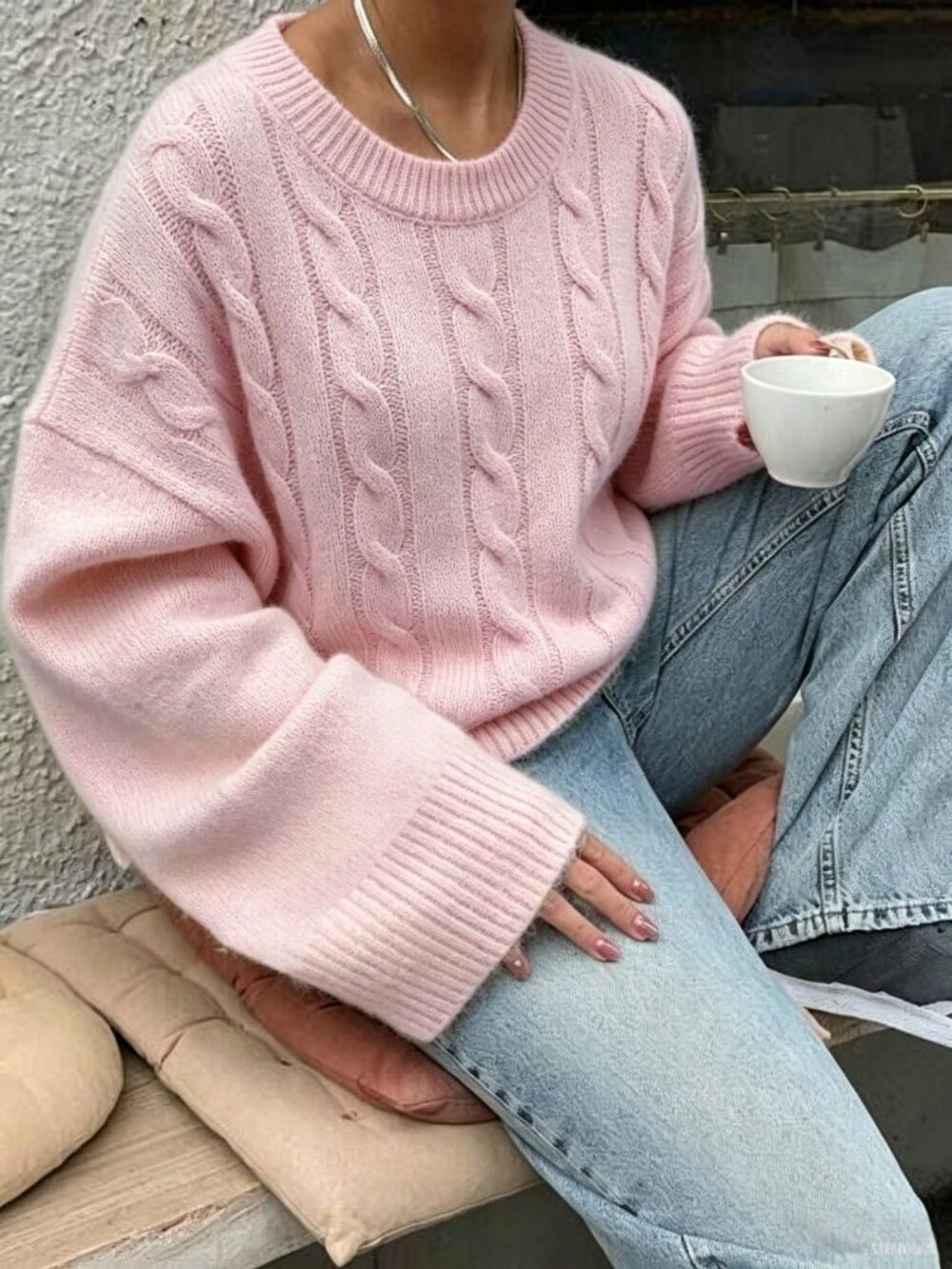Pink Casual Women's Cable-Knit Dropped Shoulder Loose sweater pullover